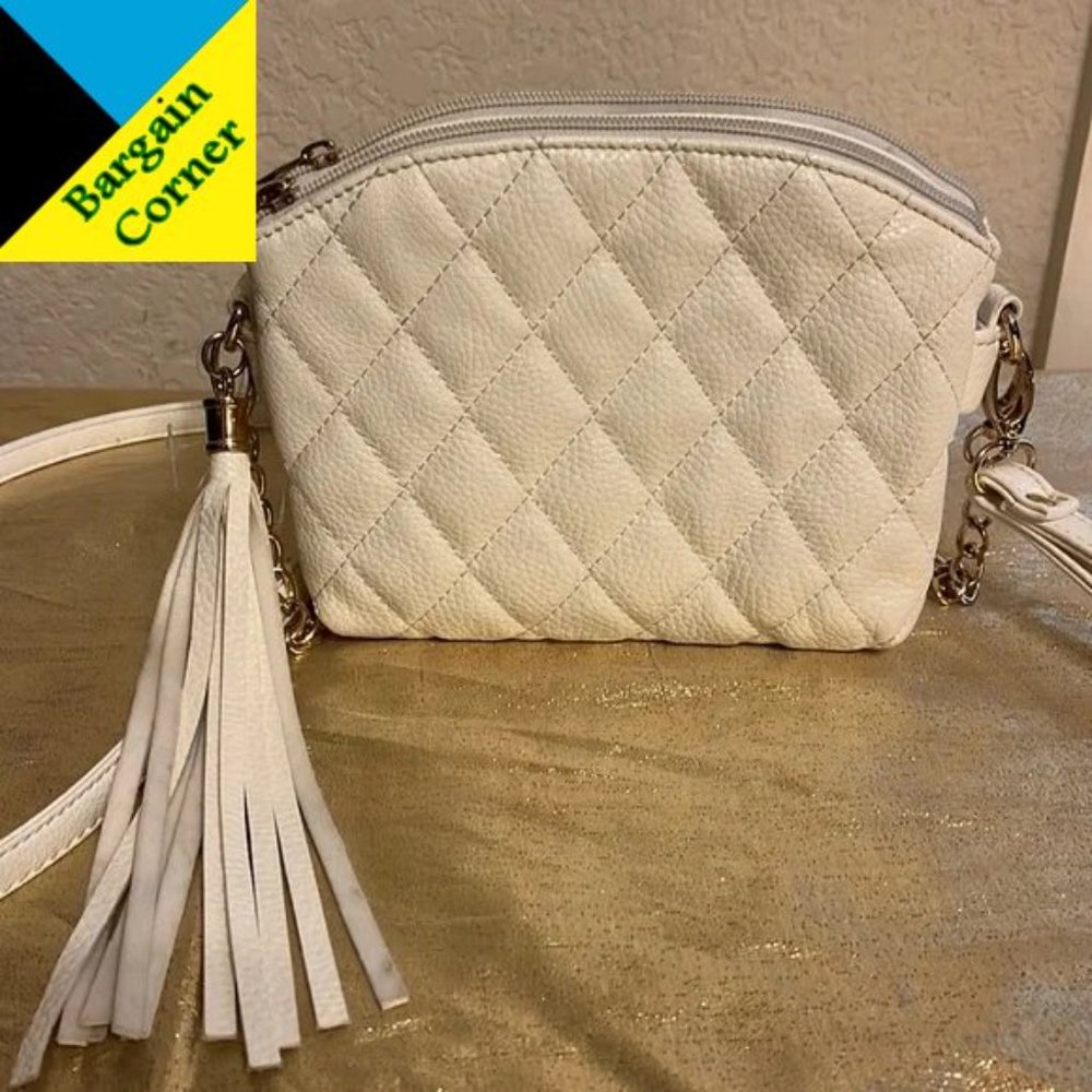 Reduced Quilted White Purse with Tassel and Gold Accents